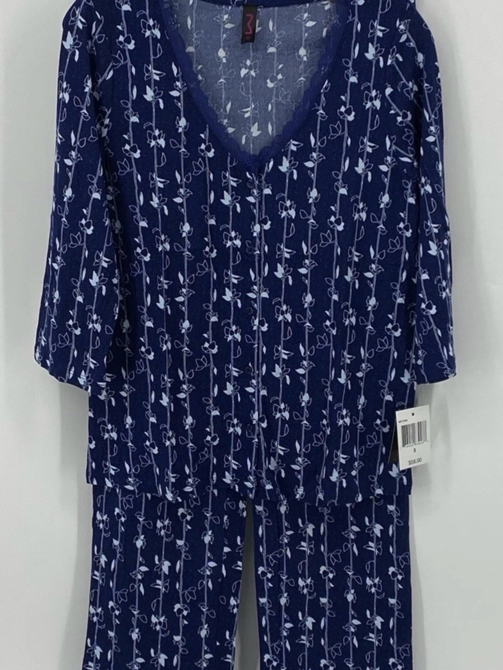 Maidenform Blue Floral 2pc Pajama Set Button Down Top/pull on Pants NWT XS-2xl
